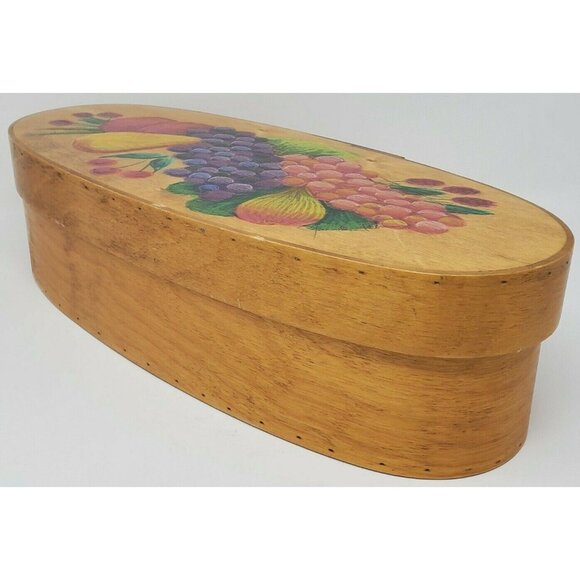 Vintage Bamboo Oval Storage Box Hand Painted Fruit Design Signed 16" Tole Decor - Picture 8 of 10
